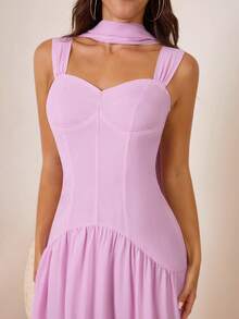 Enchnt Đầm chiffon xòe không dây vai, kèm thắt lưng, kiểu dáng dự tiệc. - Màu Lilac Tím - Xem 7