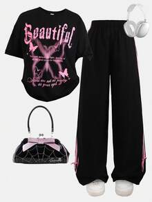 Girlism 少女字母蝴蝶印花短袖T恤和阔腿裤休闲套装 - 黑色 - 查看 1