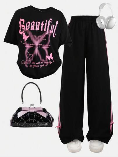 Girlism 少女字母蝴蝶印花短袖T恤和阔腿裤休闲套装