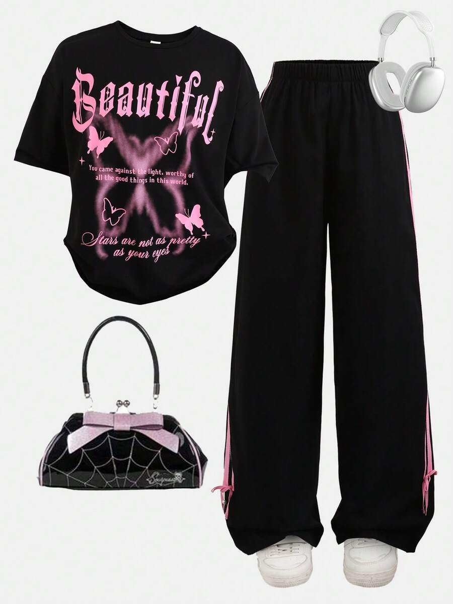 Girlism 少女字母蝴蝶印花短袖T恤和阔腿裤休闲套装 - 黑色 - 查看 1