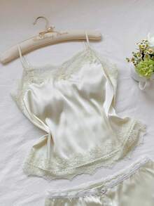 Comfortcana Women's Solid Color Contrast Lace Camisole And Shorts Set  Pajama Set Vacation Set Luxury Apricot Colored Patchwork Lace Satin Top And Shorts   Summer Outfits For Women Spring Spring Break Outfits   Spring Clothes Women  Vacation Graduation  Women  Wedding   Party  Ceremony  Elegant  Vacation Outfits Casual Casual Women's Set , Valentine's Day, Carnival, Beach, Holiday, Home Leisure, College, Party Lace Two Piece Set Satin Loungewear - Light Yellow - View 9