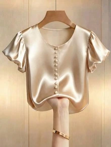 Franclia Petite Summer New Fashion Sweet Design Pearl Decor Round Neck Short Sleeve Casual Petal Sleeve Women Blouse - Apricot - View 3