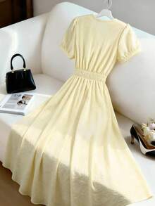 Lyxana Women's Solid Color Waist Gathered A-Line Dress, Elegant For Holiday, Commute, Fashion, Valentine's Day, Date, French Street Style, Vintage, Versatile Party Wear, Early Spring/Spring-Summer, New Arrival, Midi Length, Light Yellow - Light Yellow - View 2