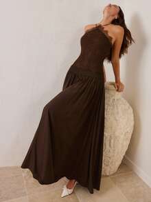 Enchnt Vestido camisero elegante de mujer con encaje, parches y volantes, cintura ceñida, adecuado para citas y fiestas - Marrón Chocolate - Ver 7