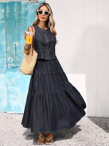 Vivid Eden Women's Pleated Casual Versatile Date & Outing Denim Mini Skirt - Dark Wash - View 1