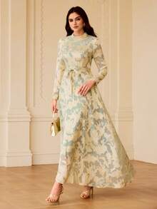 ZEYLAH Women's Mandarin Collar Jacquard Waist Tie Design Elegant Waist Cinched Dress, Suitable For Dates And Parties - Green - View 4