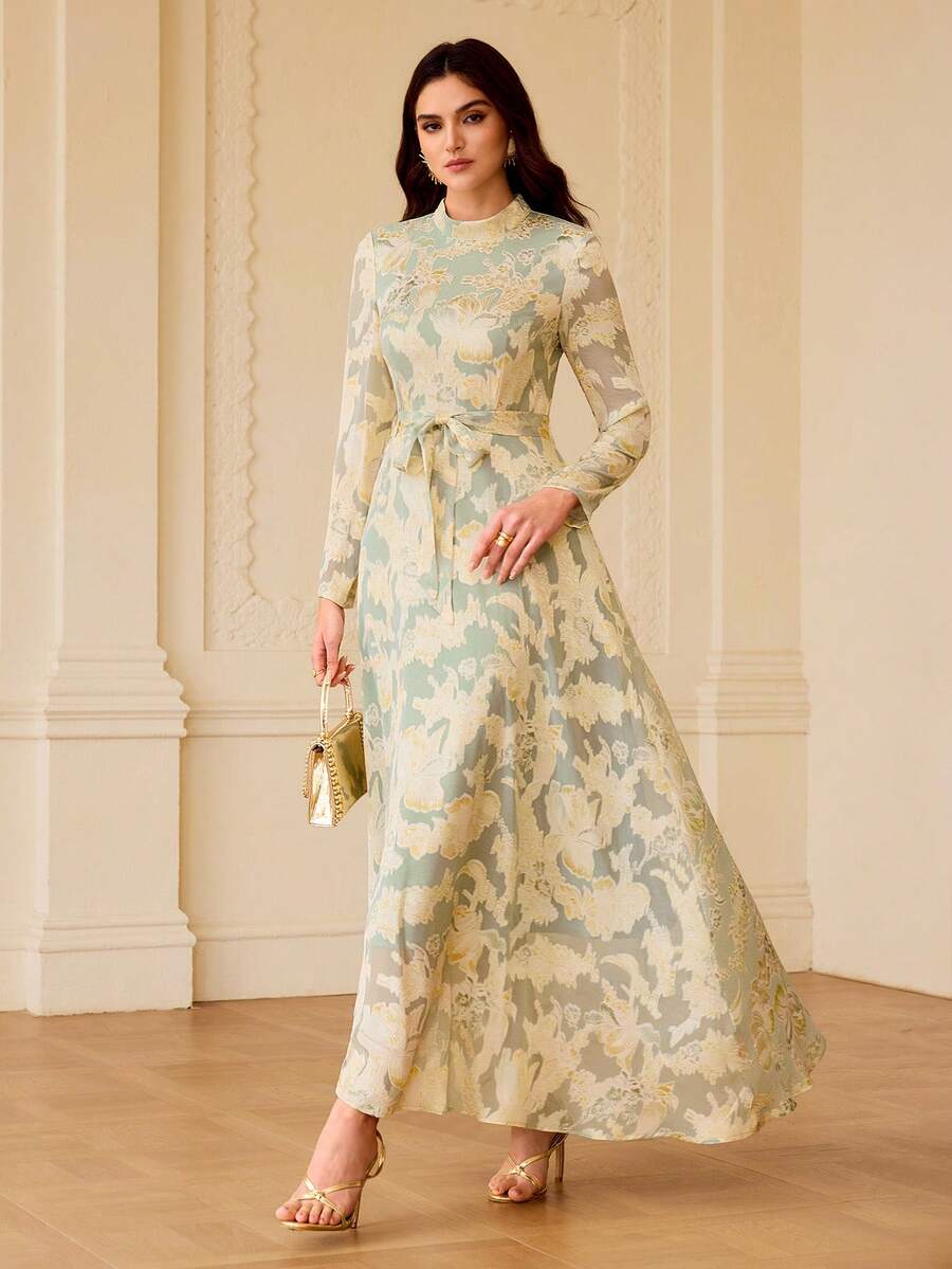 ZEYLAH 女士立领提花腰带设计优雅束腰连衣裙，适合约会和派对穿着 - 綠色 - 查看 1