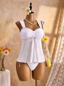 Bellisia 女士纹理面料前系带吊带背心和比基尼两件套，短袖设计，甜美沙滩派对风格吊带背心和比基尼套装 - 白色 - 查看 4