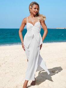 Swim Chiccia Vacation Travel Spring/Summer Knit Camisole 2 In 1 White Side Slit Dress - White - View 3