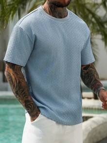 Manfinity RSRT 男士蓝色纹理褶皱成熟T恤，春夏款 - 藍色 - 查看 1