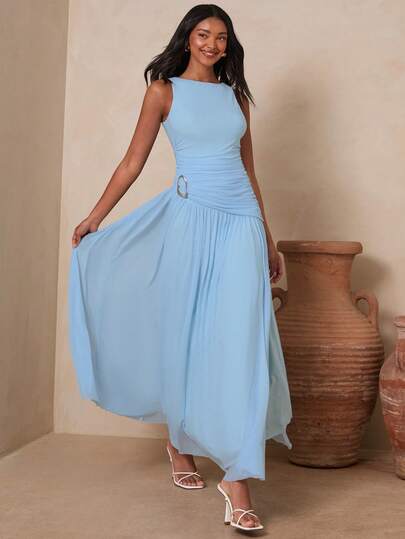 Enchnt Spring/Summer Romantic Women's Blue Pleated Metal Decor Waist Cinched Long Dress,Sweet&Elegant For Vacation&Date&Holiday&Going Out,Spring Outfit Women