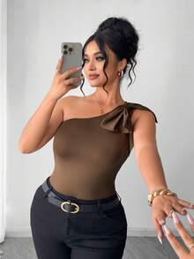 Elenzga Bodyduit elegante y sexy de talla grande con decoración de lazo en los hombros, estilizador para salidas, fiestas y vacaciones. Traje de baño para mujer, bañador de una sola manga, traje de baño marrón para mujer - Marrón - Ver 6
