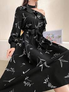 Modelyn Women's Asymmetrical Neckline Plant Print Long Sleeve Dress Maxi Women Outfit Dress Modest French Style Dress Long Sleeve Elegant Dress Floral Dress Women Elegant - Black - View 6