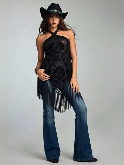 ROMWE Avant Top transparente con flecos y bajo asimétrico para mujer, ideal para vacaciones o festivales de música