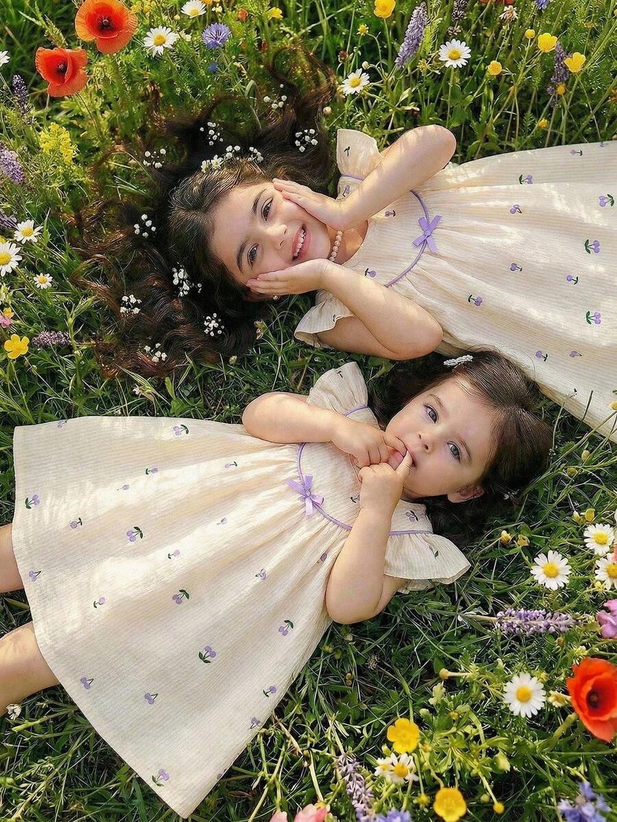 Souflis Souflis Baby Girls' Summer New Striped Cherry Print Flutter Sleeve Ruffle Collar Red Trim Bow Decor Back Placket Simple Fashion Princess Dress - Multicolor - View 1