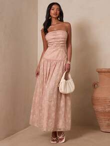 Enchnt 女士提花褶皱腰身优雅连衣裙，适合约会和派对穿着 - 藕粉色 - 查看 3