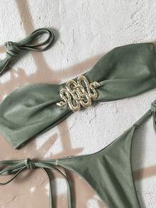 Swim Vcay Bộ 2 món gồm áo bikini quây và quần lọt khe buộc dây bên hông, màu trơn, họa tiết rắn ánh kim, thích hợp cho kỳ nghỉ hè ở bãi biển. - xanh quân đội - Xem 6