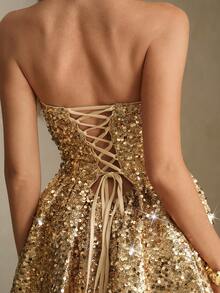 Glamine 女士亮片抹胸连衣裙，时尚名媛A字迷你连衣裙，派对鸡尾酒会连衣裙 - 香檳色 - 查看 6