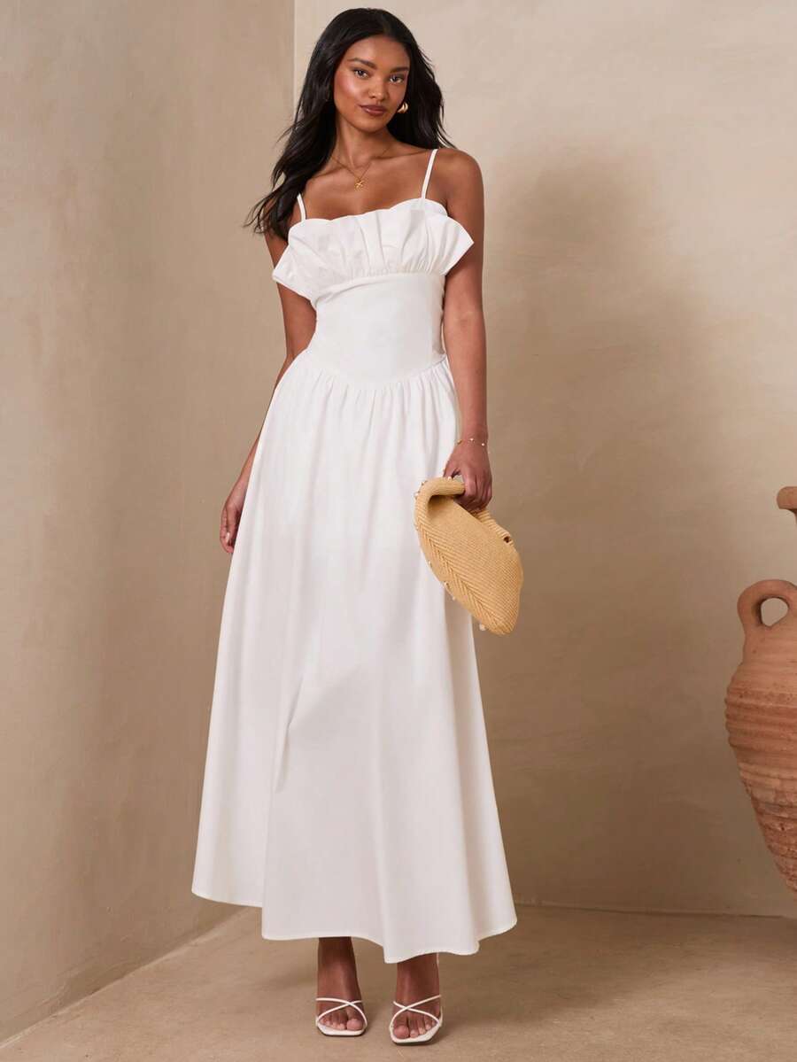 Enchnt Summer White A Line Flared Long Dress For Women,Sleeveless Spaghetti Strap Cold Shoulder,Elegant & Sweet For Vacation,Holiday,Wedding Party - White - View 1