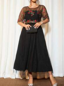 Cravure 大码女式通勤优雅复古法式圆领网纱刺绣蝙蝠袖宫廷风贵族连衣裙，适合春夏、返校、毕业典礼、假期、情人节、音乐节、母亲节、万圣节、感恩节、复活节、国庆节、舞会、约会、派对、婚礼、郊游等场合。 - 彩色 - 查看 8