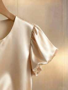 Franclia Petite Summer New Fashion Sweet Design Pearl Decor Round Neck Short Sleeve Casual Petal Sleeve Women Blouse - Apricot - View 5
