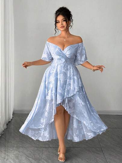 Elenzga Plus Size Women's Elegant Overlap Collar Multi-Layer Ruffle Puff Sleeve Light Blue Jacquard Textured Fabric Off-Shoulder Short Sleeve Reversible Romantic Floral Lace Hem Splice Elegant Maxi Dress, Suitable For Spring/Summer, Vacation, Date, Wedding, Festival, Graduation, Valentine's Day, Music Festival, Mother's Day, Halloween, Thanksgiving, Easter, National Day, Prom, Party, Wedding Season, Outdoor Activities Reception Dress For Women Best Selling Dresses Dresses For Women Occasion Dresses For