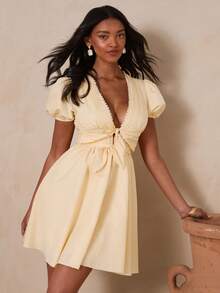 Enchnt 深V领系带荷叶边花瓣袖短裙 - 黃色 - 查看 8