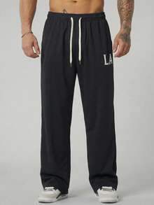 Manfinity Homme Men's Casual Versatile Letter Print Drawstring Waist Pants - Black - View 3