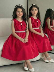 SHEIN Drmz 少女纯色圆领3D大蝴蝶结珍珠腰带装饰休闲红色连衣裙，适合年轻女孩、女婴的优雅可爱宽松连衣裙，带蝴蝶结领，春夏薰衣草色女童连衣裙，淡紫色儿童连衣裙，女童茶会连衣裙，田园风女童连衣裙，可爱的女婴薰衣草印花连衣裙，带大蝴蝶结装饰和荷叶边袖子，非常适合春夏活动、生日礼物、家庭度假服装。 - 紅色 - 查看 7