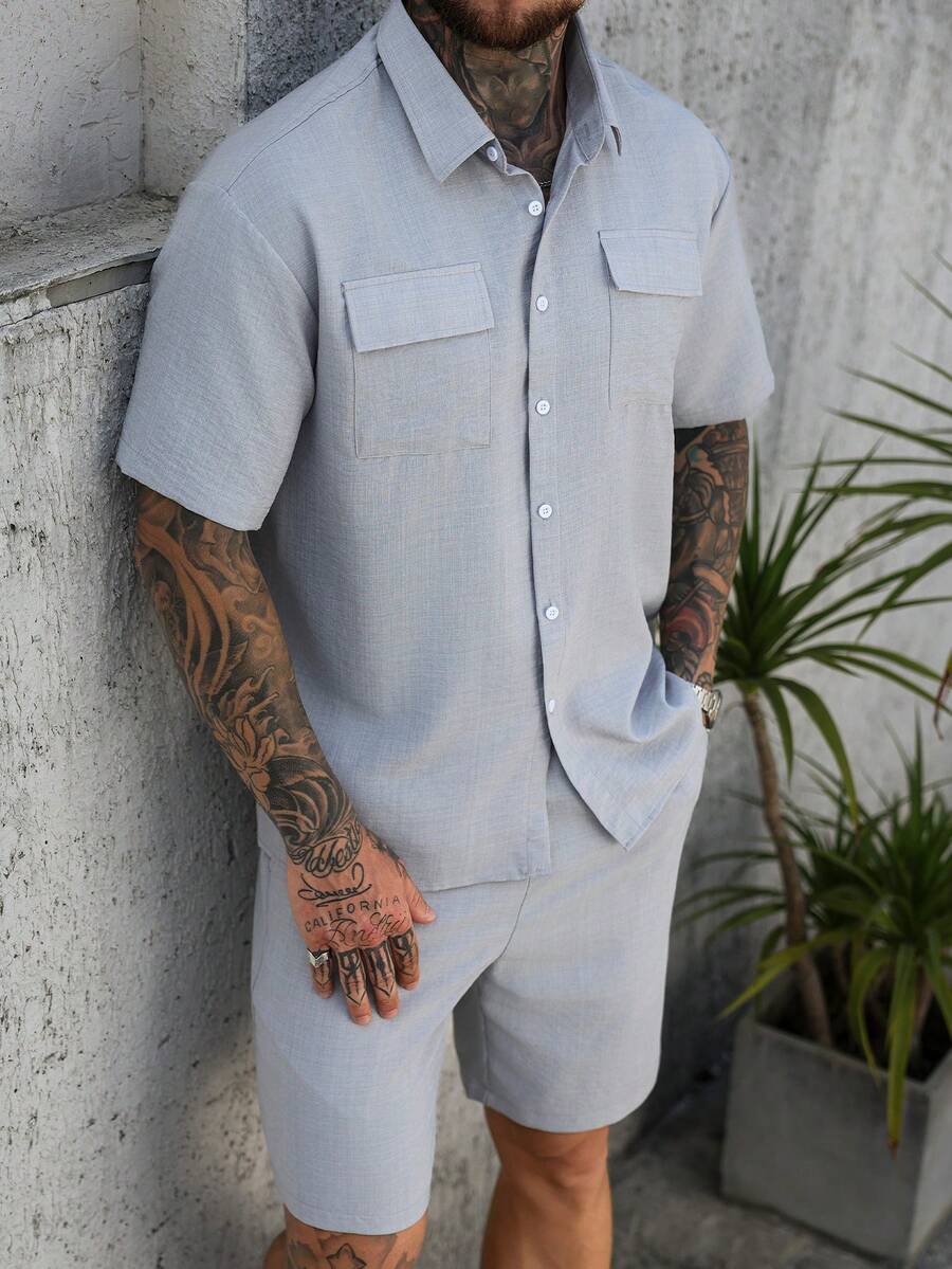VENTUSAIL Men's Mature Vacation Linen Shirt Top With Dual Pockets & Shorts Set - Light Grey - View 1