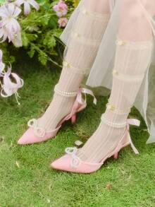 Dola Lovely 女鞋 时尚女式高跟鞋 珍珠蝴蝶结装饰 舒适百搭 萝莉高跟鞋 - 絲絨粉色 - 查看 6
