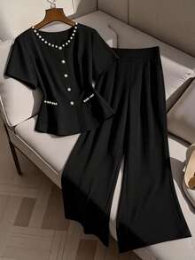 GlowEve CURVE Conjunto de 2 piezas para mujer talla grande, top de cuello redondo con bolsillo y pantalón recto de pierna larga de unicolor con tachuelas, adecuado para negocios, viajes y reuniones - Negro - Ver 3