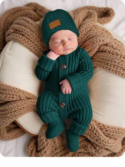 SHEIN Newborn Baby Girl Cute Knitted Jumpsuit, Footie & Hat Set, Versatile For Autumn/Winter
