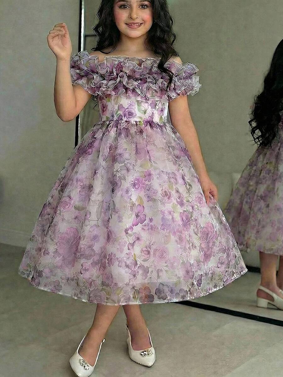 SHEIN Vestido informal de gasa con volantes en el bajo y estampado floral pequeño para niña preadolescente - Azul - Ver 1