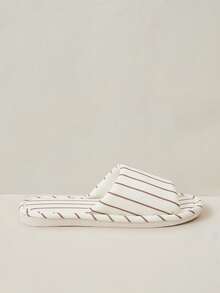 Cuccoo 女士春秋透气吸汗露趾棉质拖鞋，平底2厘米竖条纹布艺半拖，柔软透气，居家/民宿/外出两用拖鞋 - 摩卡棕 - 查看 2