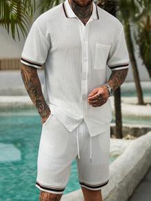 VENTUSAIL 男士条纹格子印花衬衫套装 - 白色 - 查看 6