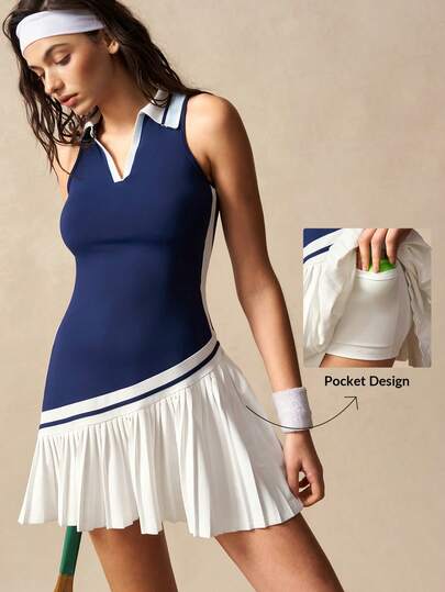 VARSIVA Navy Blue And White Color-Blocked Sleeveless Tennis Dress, Featuring A Polo Collar With Pleated Details And An A-Line Silhouette, Suitable For Tennis And Everyday Wear,  Perfect For Spring, Summer, Autumn, And Winter.