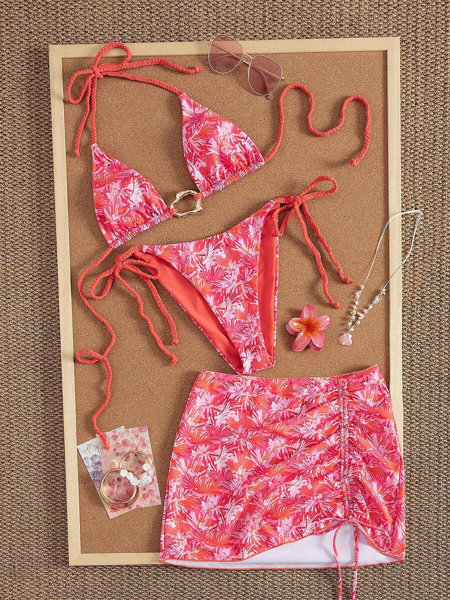 Swim Vcay Set de costume de baie pentru femei, cu imprimeu floral graffiti, decor metalic, dulce și elegant, 26ss, cu șireturi, stil resort, pentru petrecere pe plajă, format din 3 piese, costume de baie din trei piese, costum de baie din trei piese, set de costume de baie pentru plajă, set de costume de baie din trei piese, cu imprimeu tropical - Multicolor - Vizualizare 1