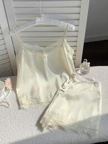Comfortcana Women's Solid Color Contrast Lace Camisole And Shorts Set  Pajama Set Vacation Set Luxury Apricot Colored Patchwork Lace Satin Top And Shorts   Summer Outfits For Women Spring Spring Break Outfits   Spring Clothes Women  Vacation Graduation  Women  Wedding   Party  Ceremony  Elegant  Vacation Outfits Casual Casual Women's Set , Valentine's Day, Carnival, Beach, Holiday, Home Leisure, College, Party Lace Two Piece Set Satin Loungewear - Light Yellow - View 4