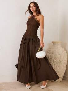 Enchnt Vestido camisero elegante de mujer con encaje, parches y volantes, cintura ceñida, adecuado para citas y fiestas - Marrón Chocolate - Ver 4