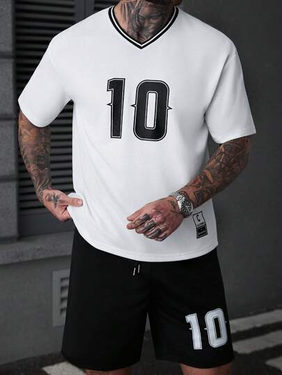 SLATEMANN Men's V-Neck Numeric Print Short Sleeve T-Shirt And Shorts Casual Daily Outfit Black White Short Set Men 2 Pieces Set Long Shorts T Shirt Men Men's Casual Graphic Letter Print Short Sleeve T Shirt And Shorts Set Men Two Pieces Casual Short Sets Black And White Graphic Tee Men
