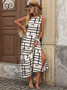 Brillora Women's Geometric Pattern Side Slit Hem Casual Sleeveless Dress - Black and White - View 3