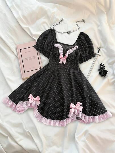 Sweetra Plus Size Spring, Summer, Elegant, Vacation Ruffle Short Sleeve Puff Sleeve Short Dress, Waist Cinched Slim Fit Princess Dress, Summer Women Outfit Spring, Summer, Fall, Elegant, Vacation Polka Dot Contrast Lace Puff Sleeve Shirt, A-Line Hem, Waist Cinched Slim Fit Dress, Lolita Birthday