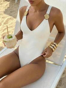 Aloruh 女士新款春夏连体泳衣，纯米色，优雅性感深V领露背设计，金属贝壳装饰，度假沙滩装 - 米色 - 查看 6