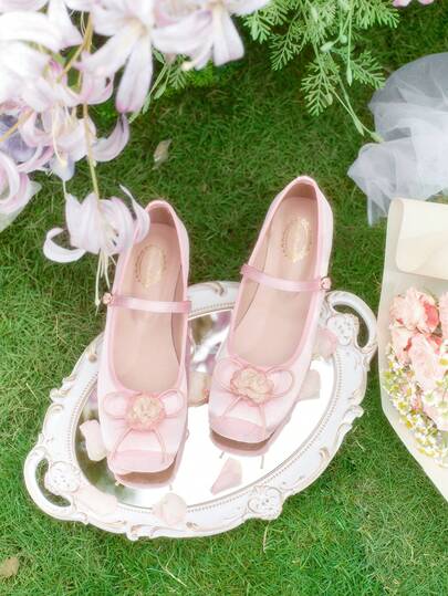 Dola Lovely Women's Round Toe Faux Silk Satin Flat Mary Jane Shoes, Floral Bow Strap, Pink, Soft And Sweet For Date, Casual Wear, Lolita Style