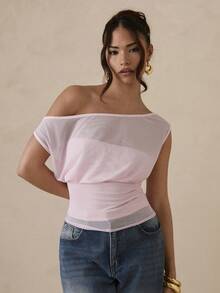 SHEIN Glamour 时尚网眼拼接设计双面无袖T恤，女士百搭夏季款 - 粉色 - 查看 2