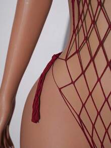 AltCore Bộ jumpsuit lưới màu xanh lá cây không đường may, kiểu dáng Y2K gợi cảm, bộ đồ 3 mảnh tôn dáng cho câu lạc bộ, tiệc độc thân, lễ hội âm nhạc. - Màu Đỏ Sâu - Xem 3