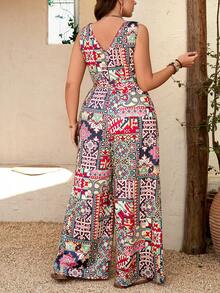 Breezaya Plus Size Elegant Casual Vacation Outing Romantic Floral Print Cinched Waist Slimming V-Neck Sleeveless Jumpsuit - Multicolor - View 2
