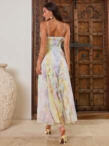 Enchnt 春夏浪漫女士优雅多色扎染荷叶边下摆休闲日常约会外出长吊带连衣裙，适合约会和派对，时尚百搭，适合约会、休闲外出，优雅别致，夏季甜美优雅，适合度假、假日和外出，女士优雅连衣裙，碎花连衣裙，荷叶边扎染连衣裙，女士度假装 - 彩色 - 查看 2