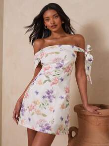 Enchnt Women's White Floral Summer Mini Dress, Cottage Core Tropical Off Shoulder Backless Bowknot Tie,Casual Holiday Party Brunch Vacation Wedding Guest - Multicolor - View 9